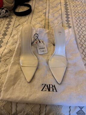 ZARA White Pointed Clear-Strap Mule Heels
